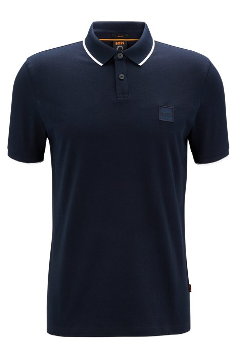 Stretch-cotton slim-fit polo shirt with logo patch, Dark Blue