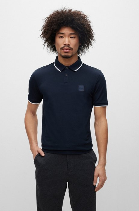 Polo Slim Fit en coton stretch à patch logo, Bleu foncé