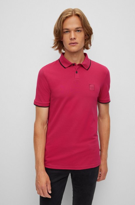 Stretch-cotton slim-fit polo shirt with logo patch, Pink