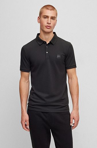 Stretch-cotton slim-fit polo shirt with logo patch, Black