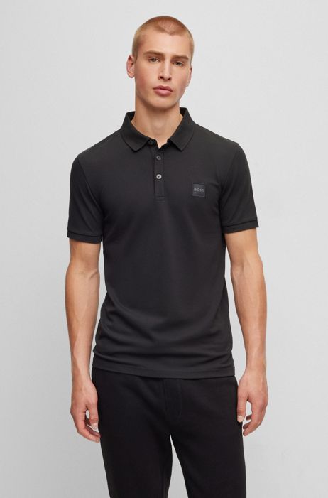 Men's Tight Polo Top Shirt in Black Lambskin Leather Look Short sleeves 
