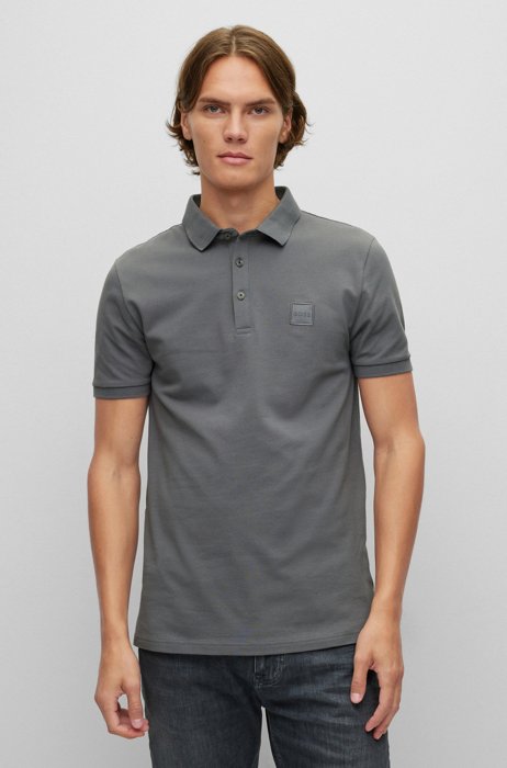 Stretch-cotton slim-fit polo shirt with logo patch, Dark Grey