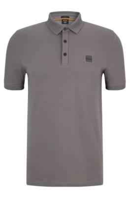 Hugo Boss Stretch-cotton Slim-fit Polo Shirt With Logo Patch In Gray