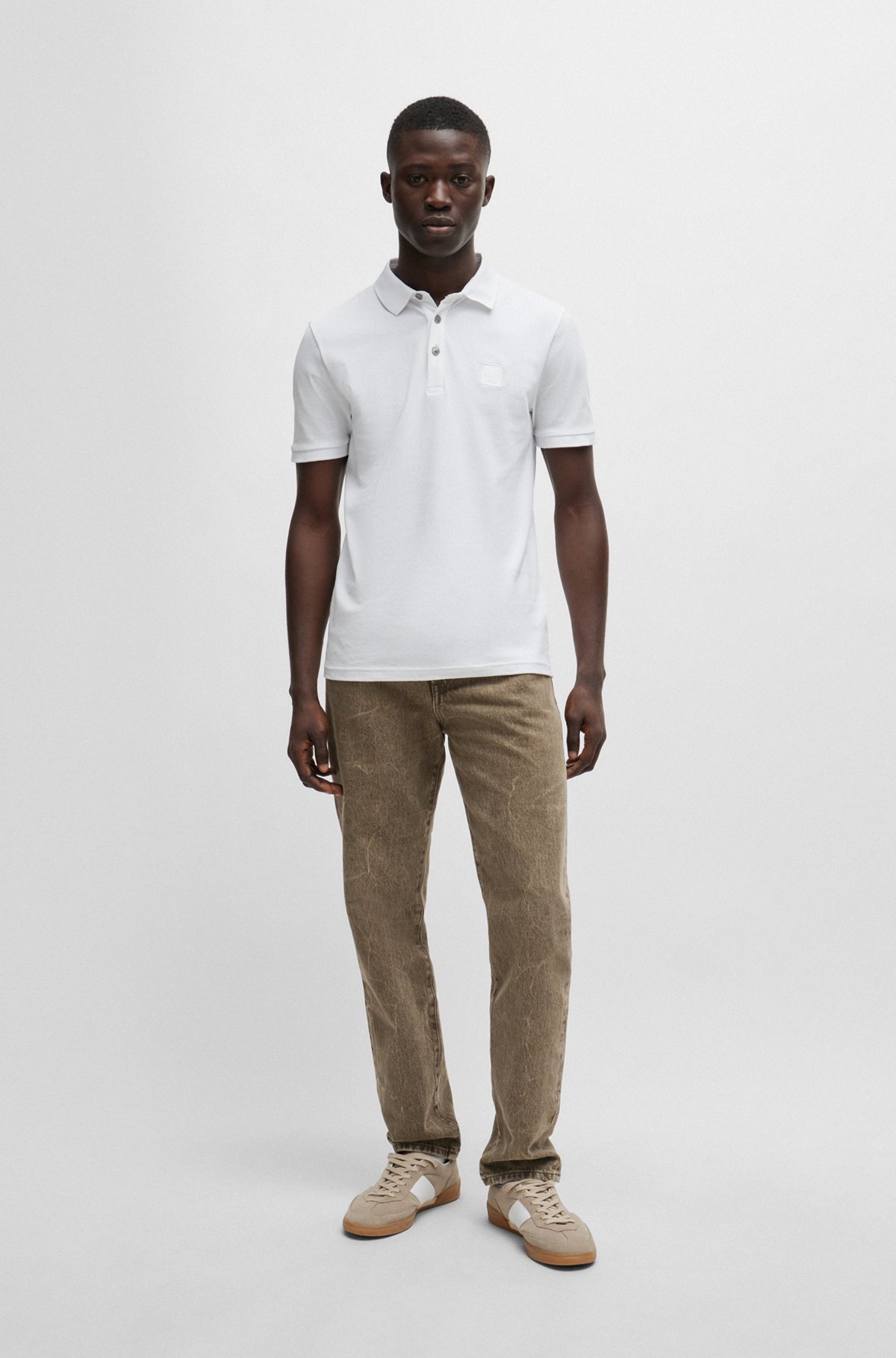 Polo Slim Fit en coton stretch à patch logo, Blanc