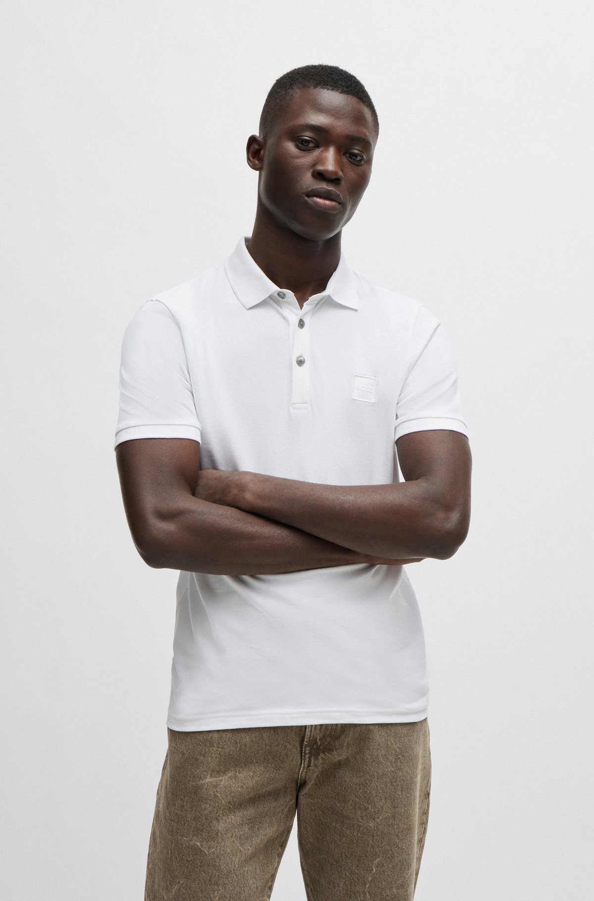 Polo Slim Fit en coton stretch à patch logo, Blanc