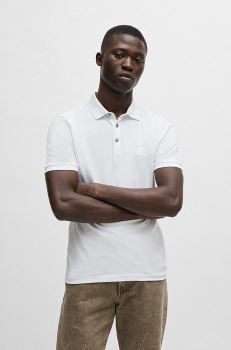 Slim-Fit Poloshirt aus Stretch-Baumwolle mit Logo-Aufnäher, Weiß