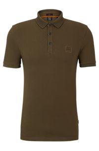 Stretch-cotton slim-fit polo shirt with logo patch, Dark Green