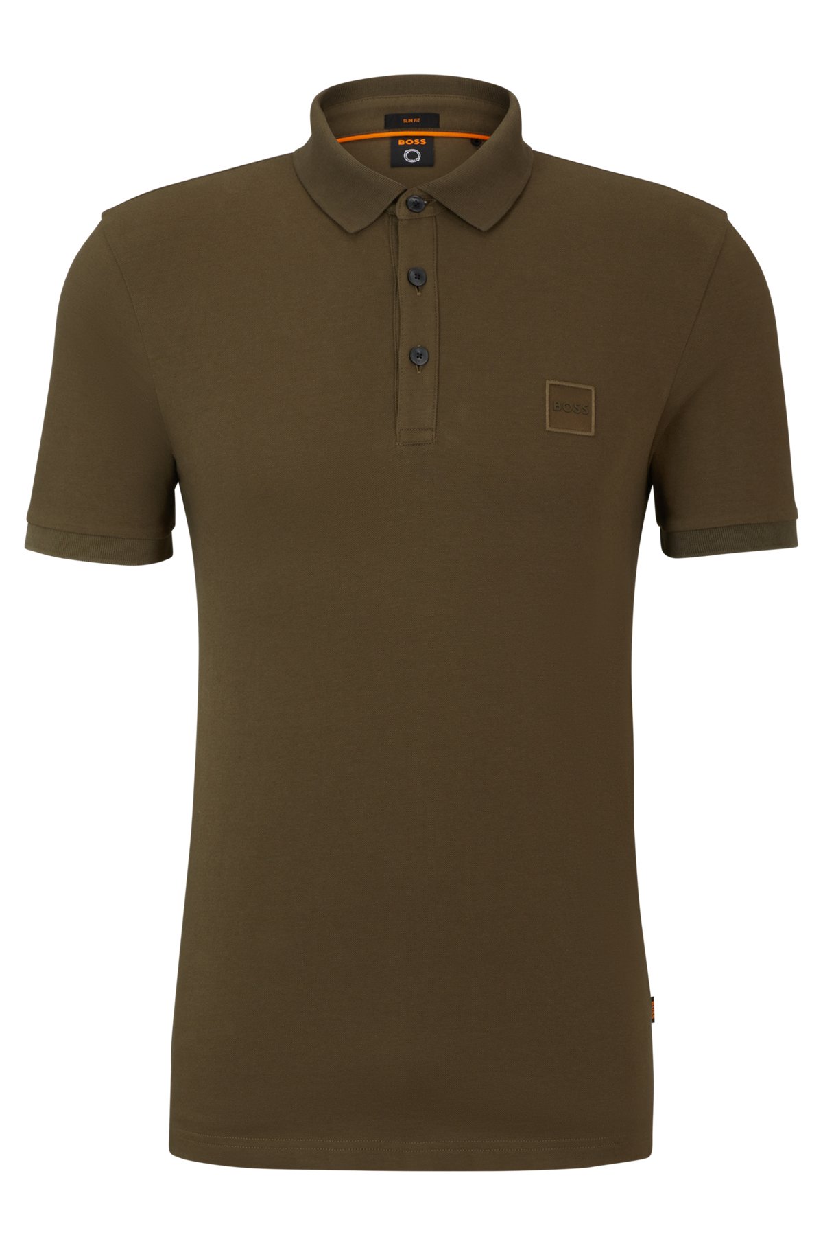 Stretch-cotton slim-fit polo shirt with logo patch, Dark Green