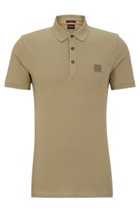 Stretch-cotton slim-fit polo shirt with logo patch, Khaki