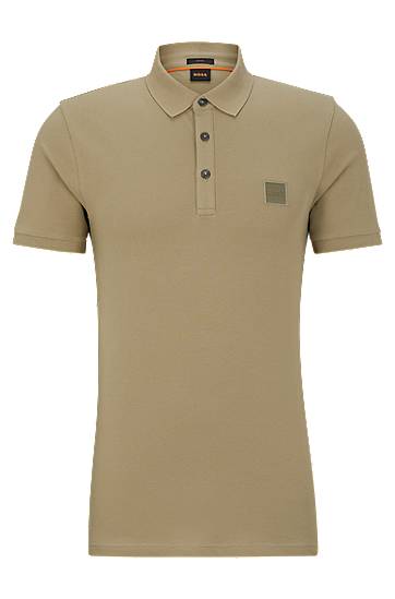 Hugo Boss Stretch-cotton Slim-fit Polo Shirt With Logo Patch In Brown