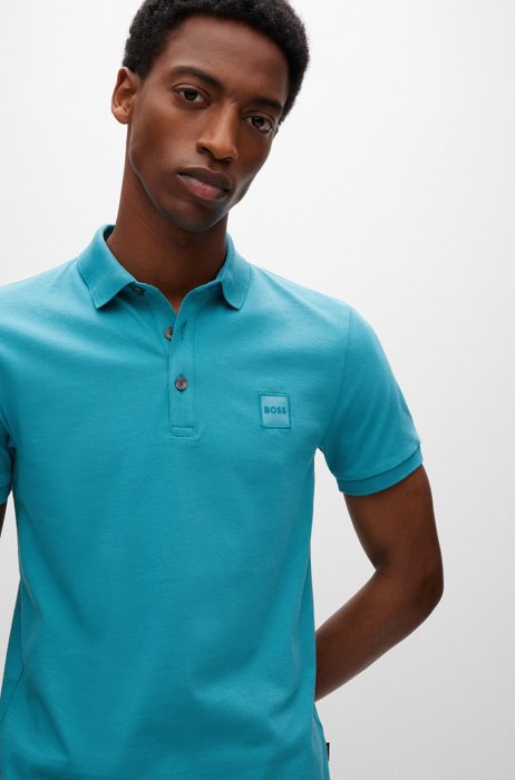 Stretch-cotton slim-fit polo shirt with logo patch, Turquoise