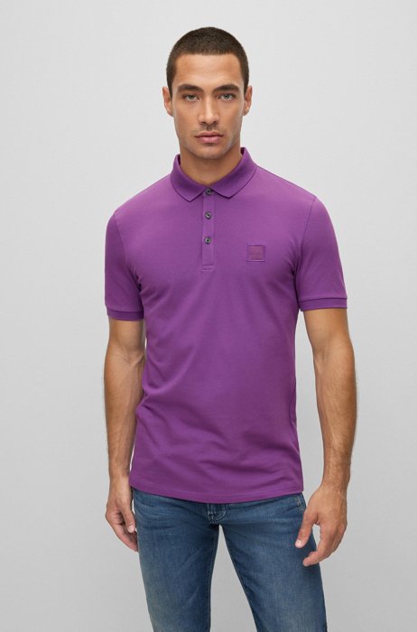Stretch-cotton slim-fit polo shirt with logo patch, Purple