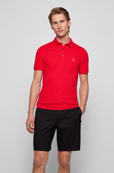 Polo Slim Fit en coton stretch à patch logo, Rouge