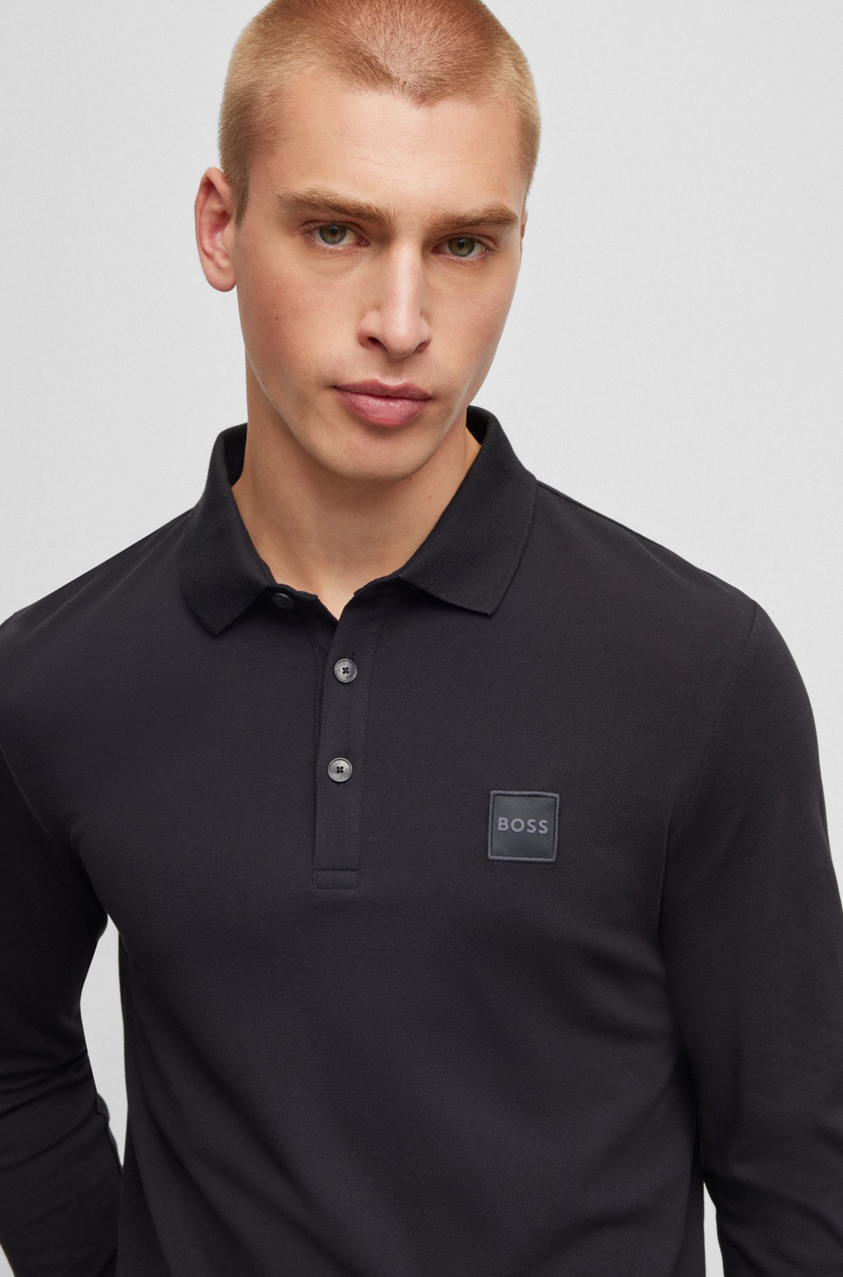 Long-sleeved slim-fit polo shirt with logo patch, Black