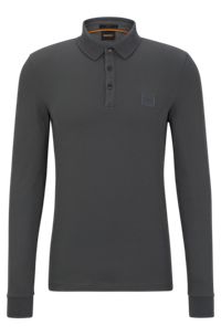 Long-sleeved slim-fit polo shirt with logo patch, Dark Grey