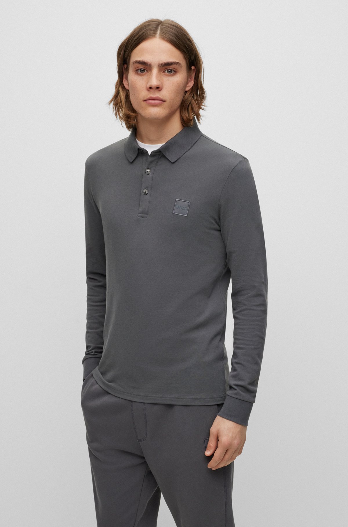 Long-sleeved slim-fit polo shirt with logo patch, Dark Grey