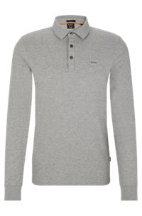 Long-sleeved slim-fit polo shirt with logo patch, Light Grey