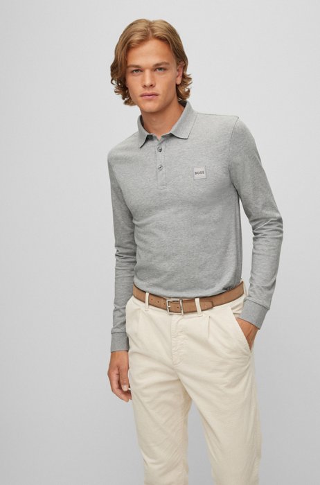 Long-sleeved slim-fit polo shirt with logo patch, Light Grey