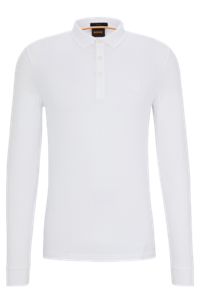 Long-sleeved slim-fit polo shirt with logo patch, White