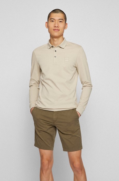 Long-sleeved slim-fit polo shirt with logo patch, Light Beige
