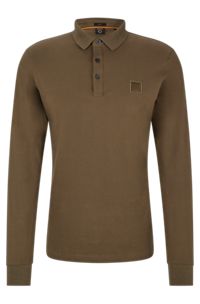 Long-sleeved slim-fit polo shirt with logo patch, Dark Green