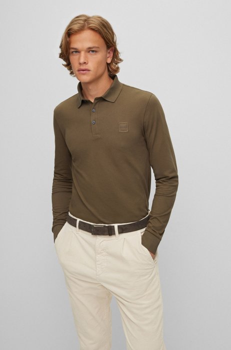 Long-sleeved slim-fit polo shirt with logo patch, Dark Green