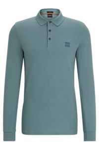 Long-sleeved slim-fit polo shirt with logo patch, Blue