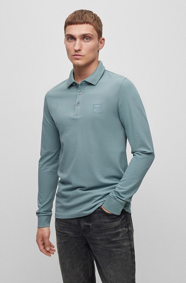 Long-sleeved slim-fit polo shirt with logo patch, Blue