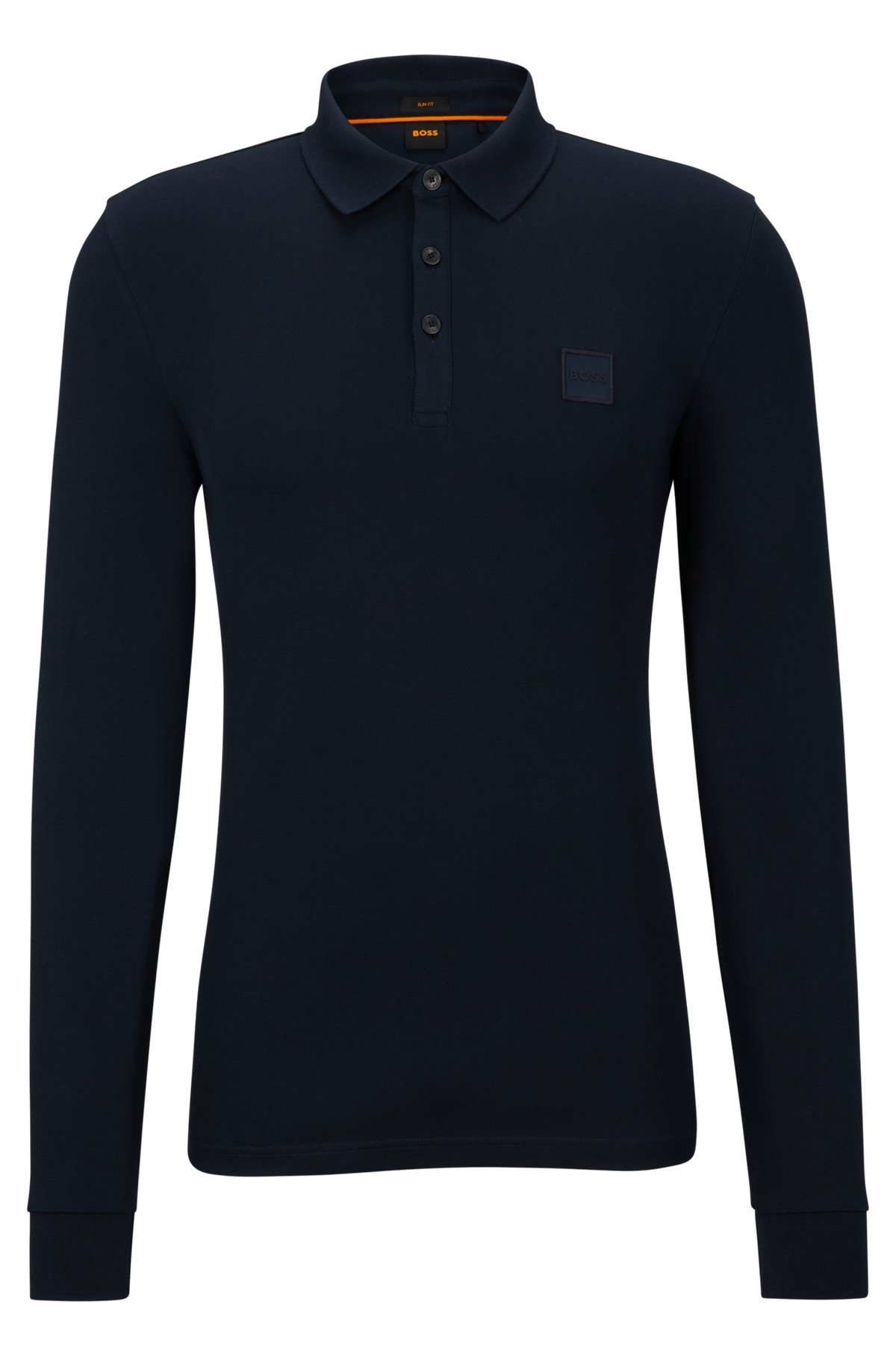 Slim-Fit Longsleeve-Poloshirt mit Logo-Aufnäher, Dunkelblau