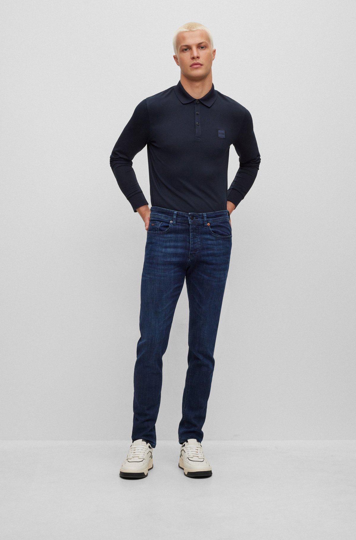 Slim-Fit Longsleeve-Poloshirt mit Logo-Aufnäher, Dunkelblau