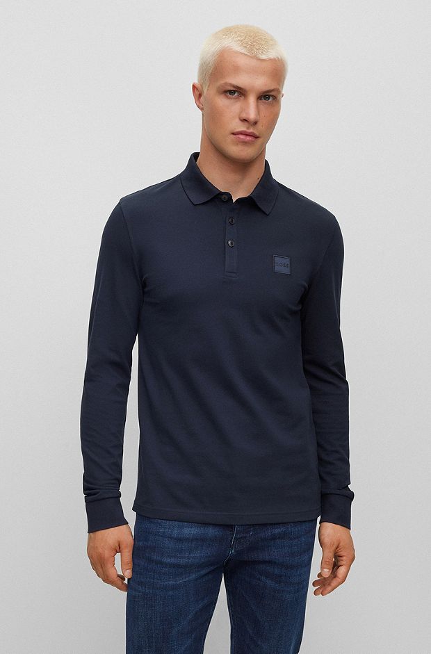 Long-sleeved slim-fit polo shirt with logo patch, Dark Blue