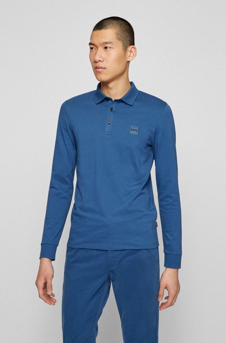 Long-sleeved slim-fit polo shirt with logo patch, Dark Blue