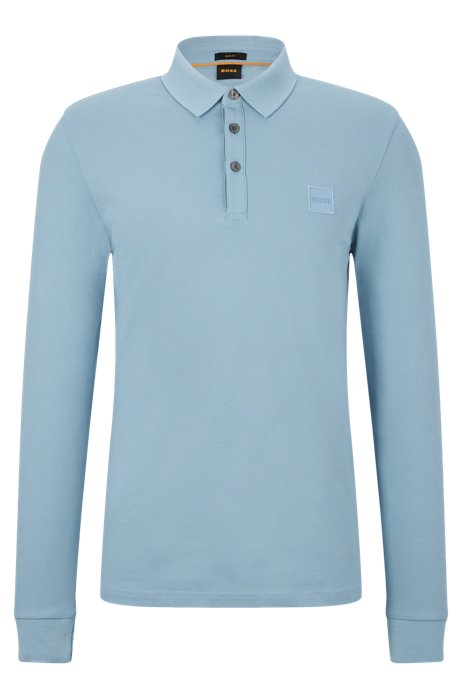 Long-sleeved slim-fit polo shirt with logo patch, Light Blue