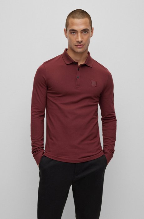 Long-sleeved slim-fit polo shirt with logo patch, Dark Red