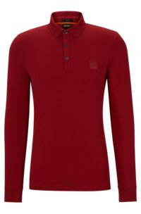 Long-sleeved slim-fit polo shirt with logo patch, Red