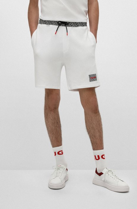 French-terry-cotton shorts with repeat-logo waistband, White