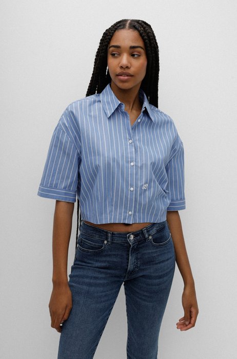 Cropped striped-cotton blouse with stacked logo, Blue