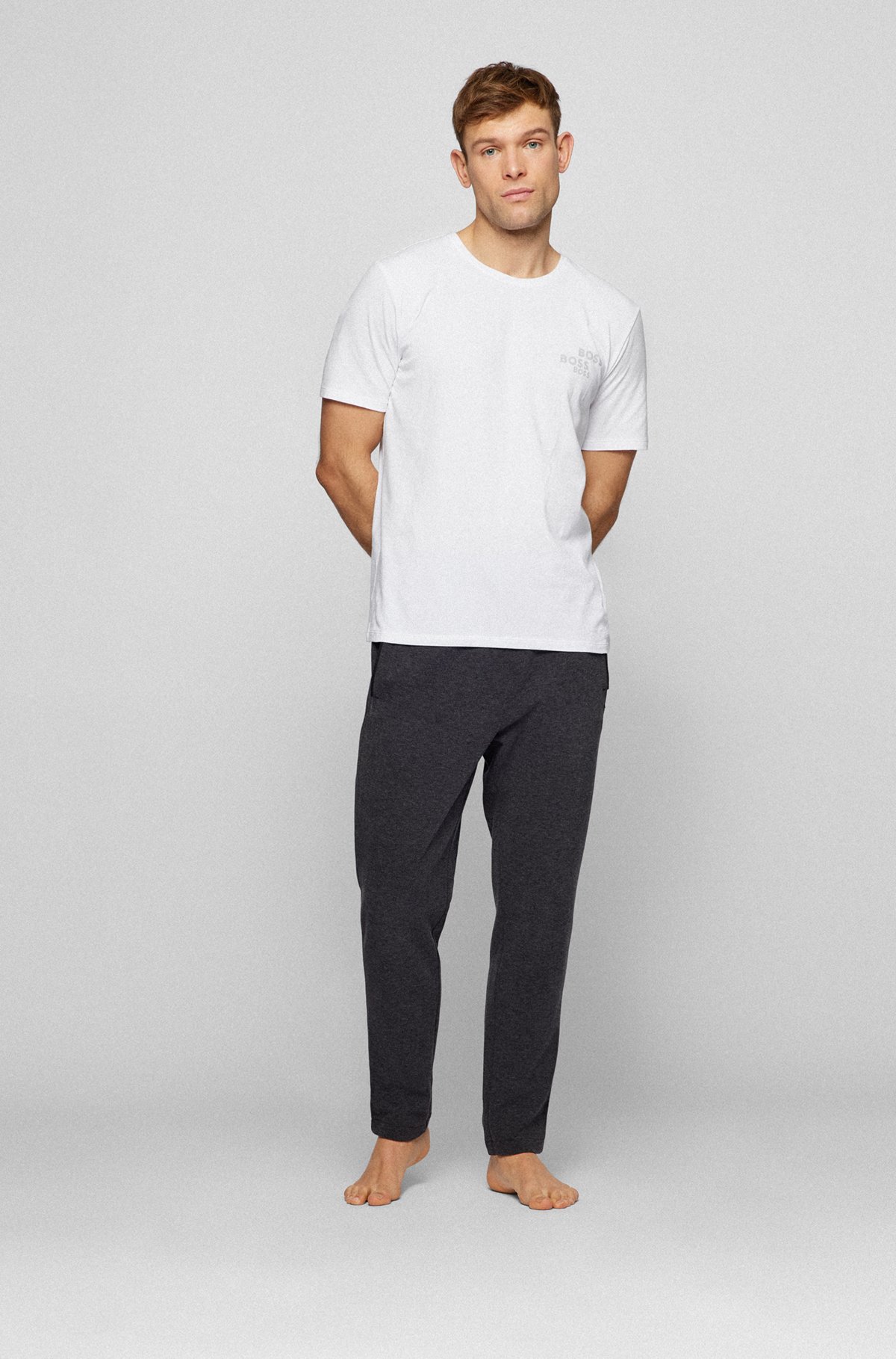 Stretch-cotton pyjama T-shirt with contrast branding, White
