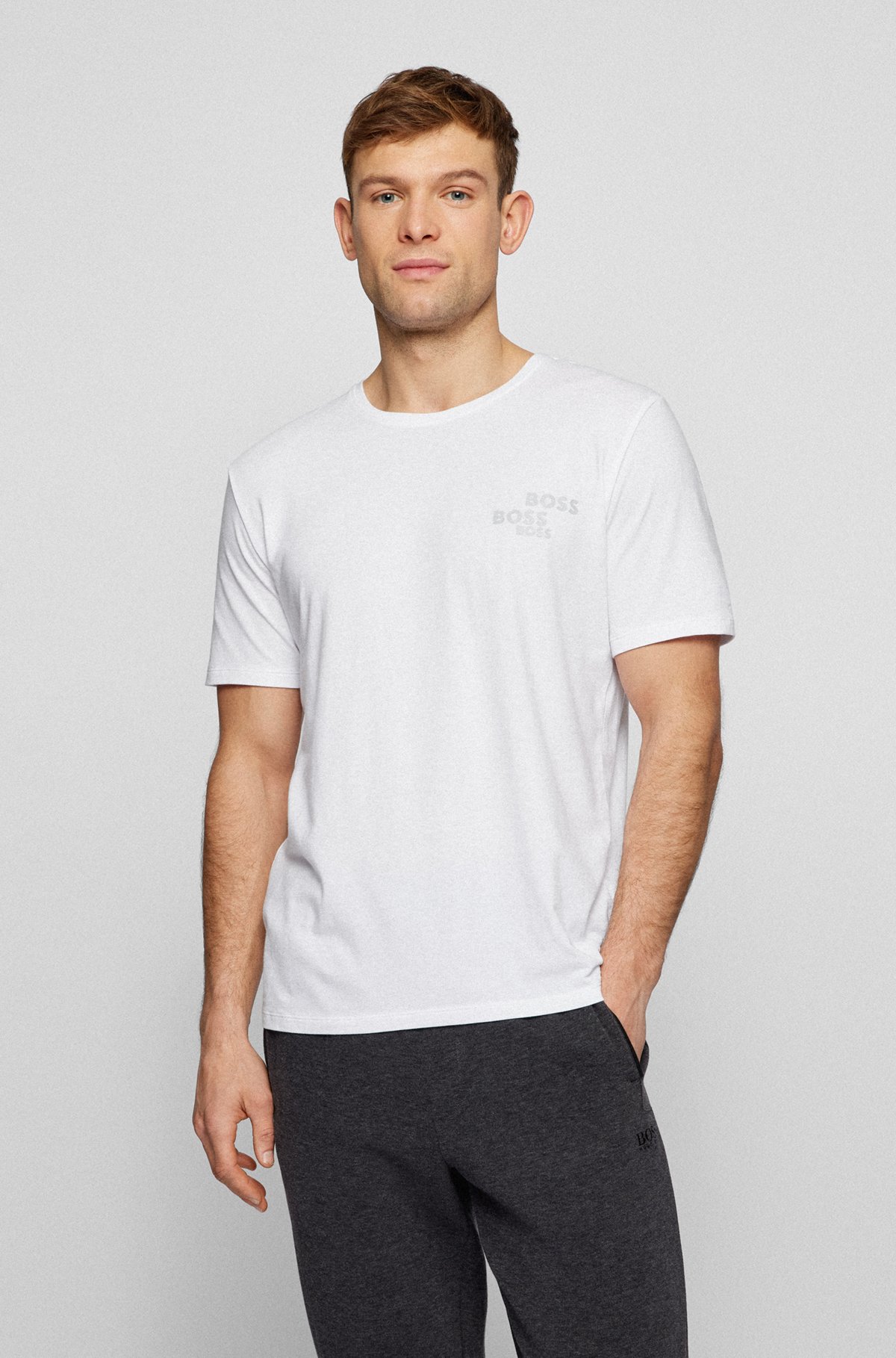 T-shirt de pyjama en coton stretch à logos contrastants, Blanc