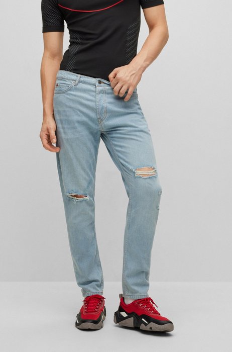 Tapered-fit jeans in blue distressed denim, Light Blue