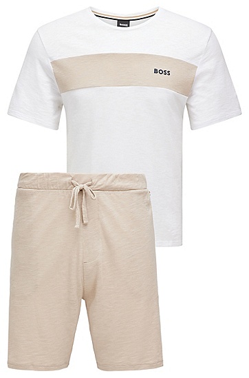 BOSS 博斯拼色细节和徽标装饰棉质莫代尔睡衣套装,  275_Light Beige