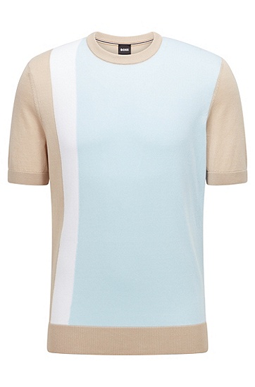 BOSS 博斯常规版型丝光棉质拼色毛衣,  453_Light/Pastel Blue