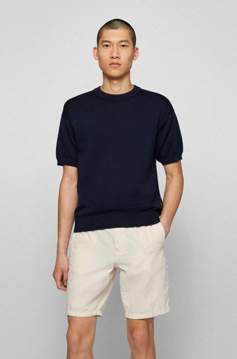Knitted-cotton short-sleeved sweater with embroidered logo, Dark Blue