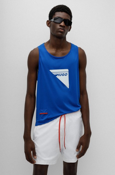 Stretch-mesh tank top with decorative reflective logo, Blue