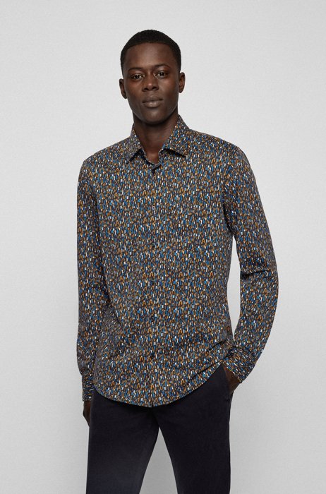 Slim-fit shirt in printed cotton-blend jersey, Black