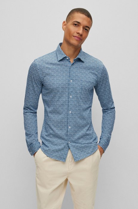 Slim-fit shirt in printed cotton-blend jersey, Blue