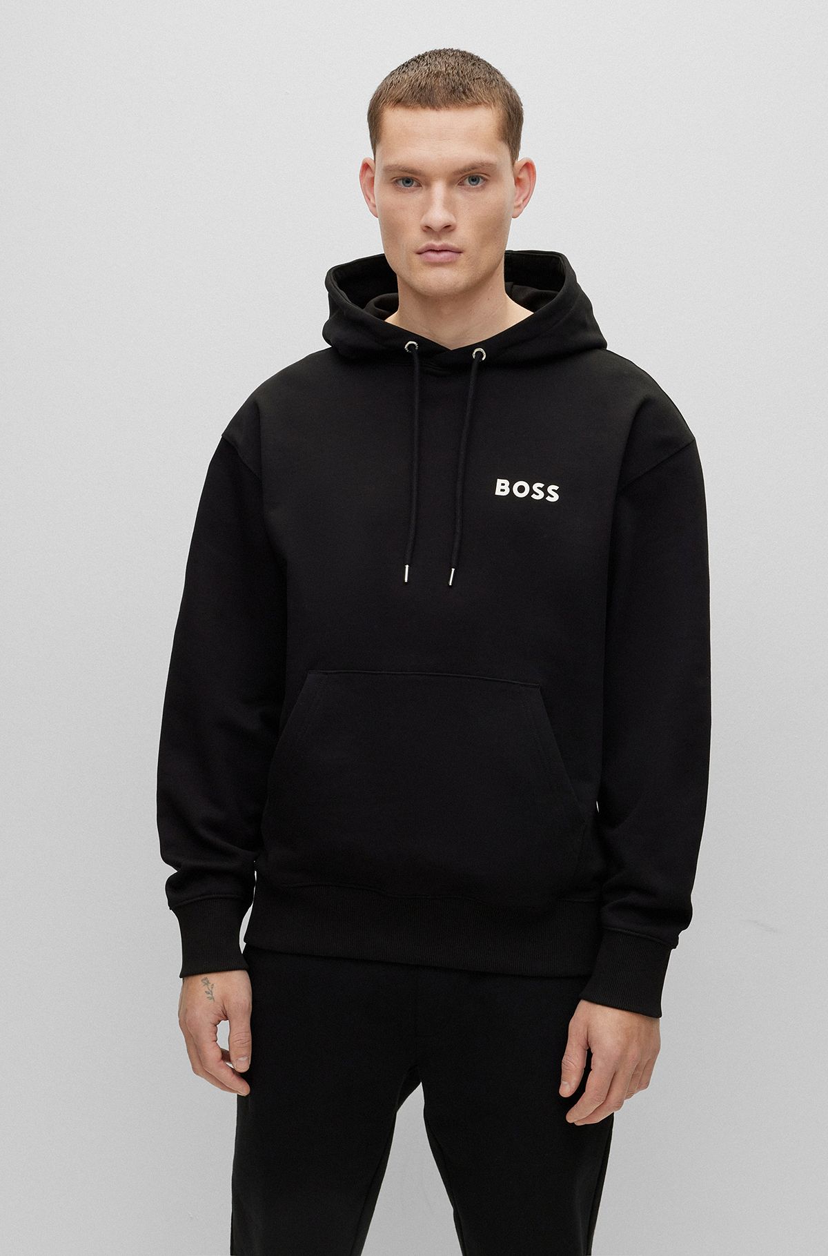 Oversized-fit cotton-terry hoodie with contrast logo, Black