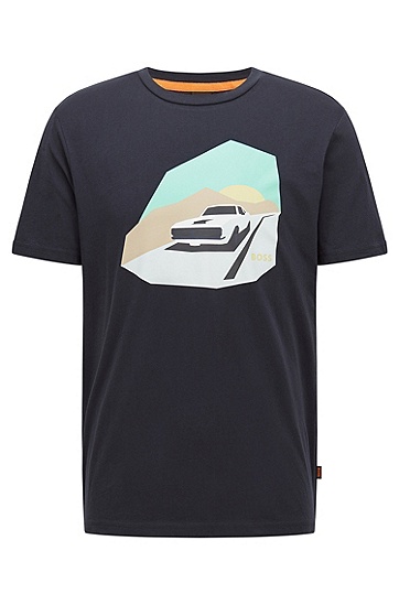 汽车艺术图案印花棉质平纹针织常规版型 T 恤,  404_Dark Blue