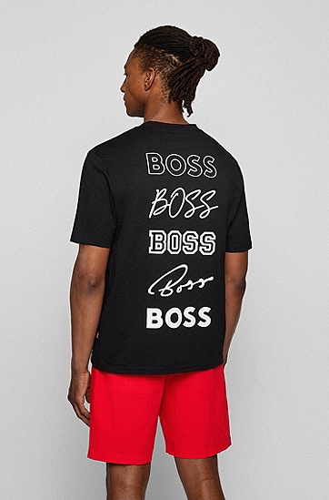 BOSS 博斯橡胶印花徽标棉质平纹针织 T 恤,  001_Black