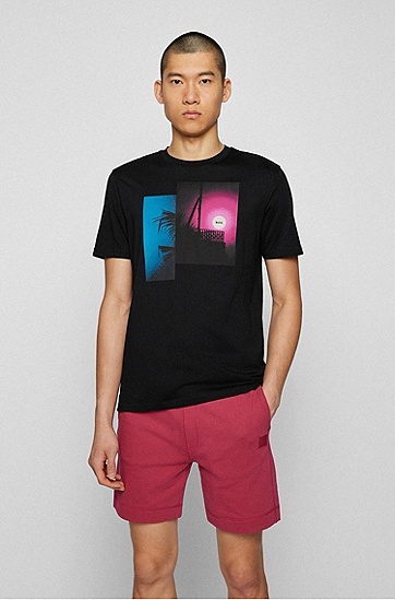 BOSS 博斯彩色艺术图案皮马棉常规版型 T 恤,  001_Black